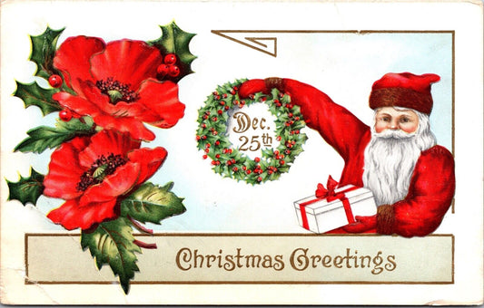 Christmas Postcard Santa Claus Holding Holly Wreath Poinsettia~4355