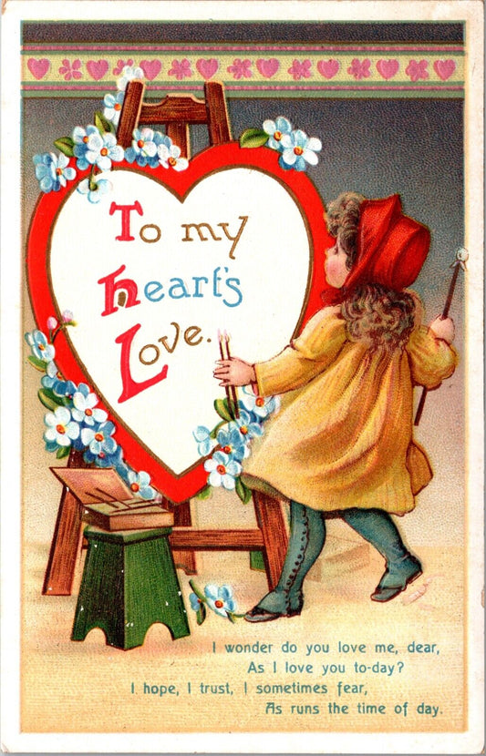 Valentine PC Girl Painting "To My Hearts Love" onto Heart Sitting on Paint Easel