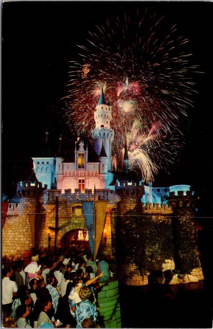 Disneyland Postcard Fantasy In The Sky Fireworks Over Sleeping Beauty's Castle