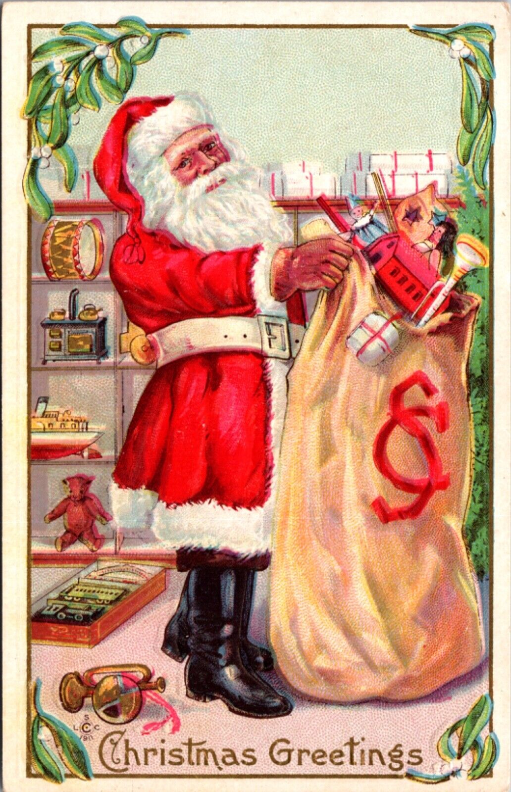 Christmas Postcard Santa Claus In His Workshop Filling a Sack with Toys