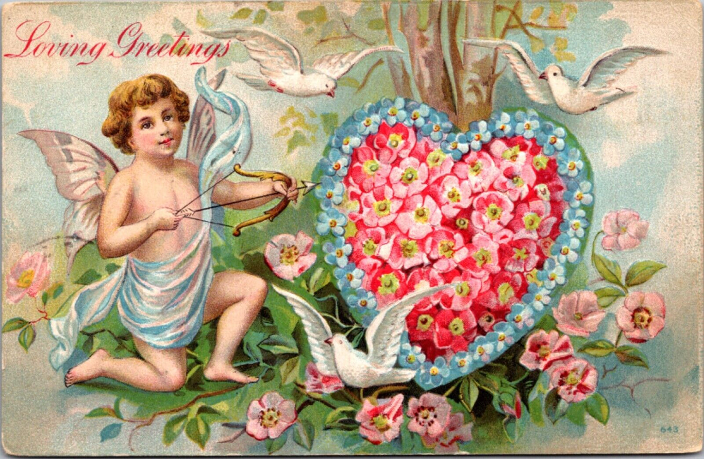 Valentine's Day Postcard Cupid Cherub with Bow Arrow Flowers in Heart Shape Dove