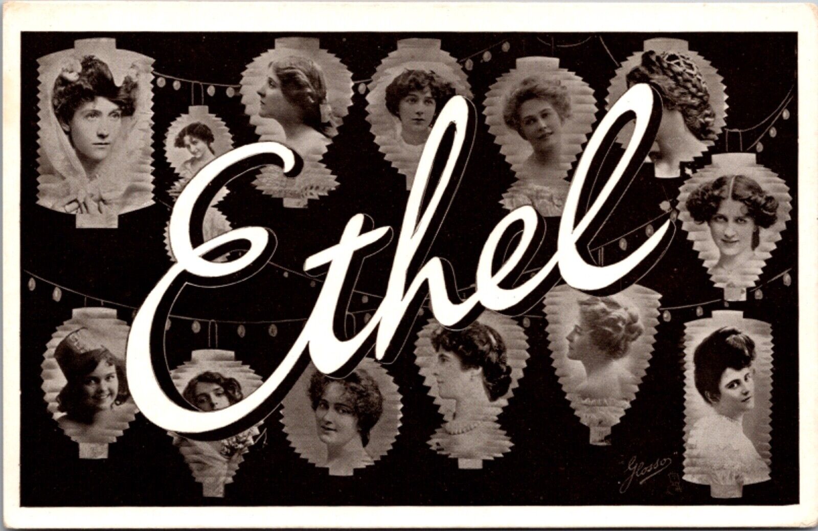 RPPC Large Letter Greetings of the Name Ethel Women's Faces in Chinese Lanterns