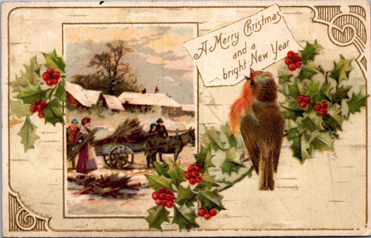 Christmas and New Year Postcard Snowy Family Scene, Bird, Holly