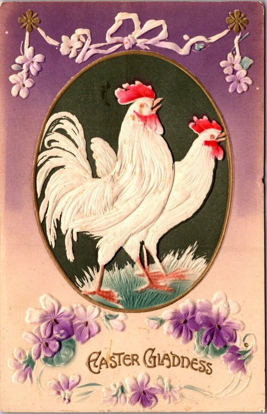 Airbrushed Hand Colored Postcard Easter Gladness Chicken Rooster Flowers