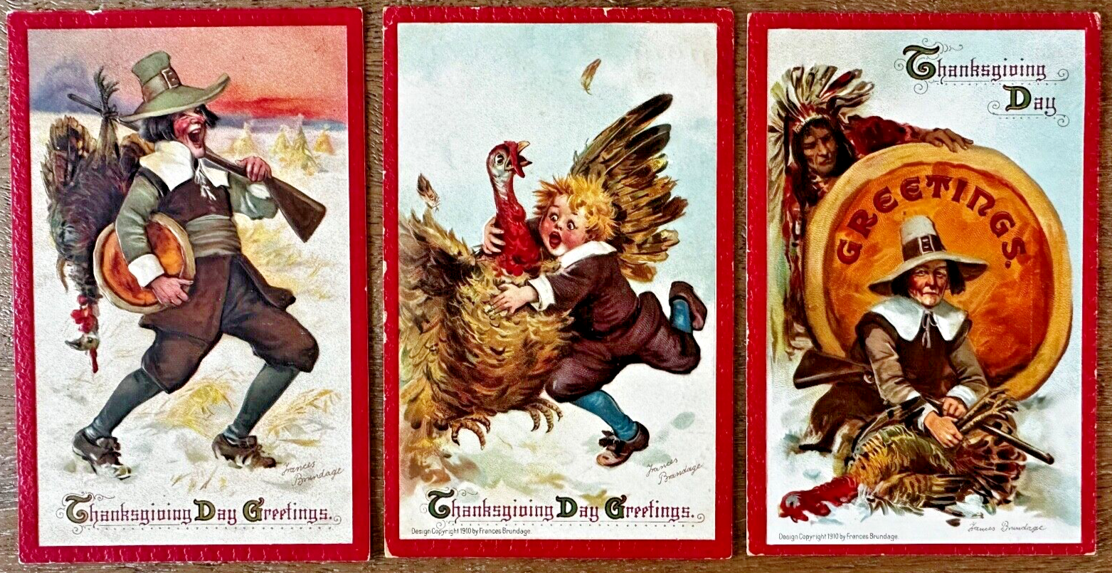 Three Frances Brundage Thanksgiving Postcard Pilgrim Indian Child Turkey