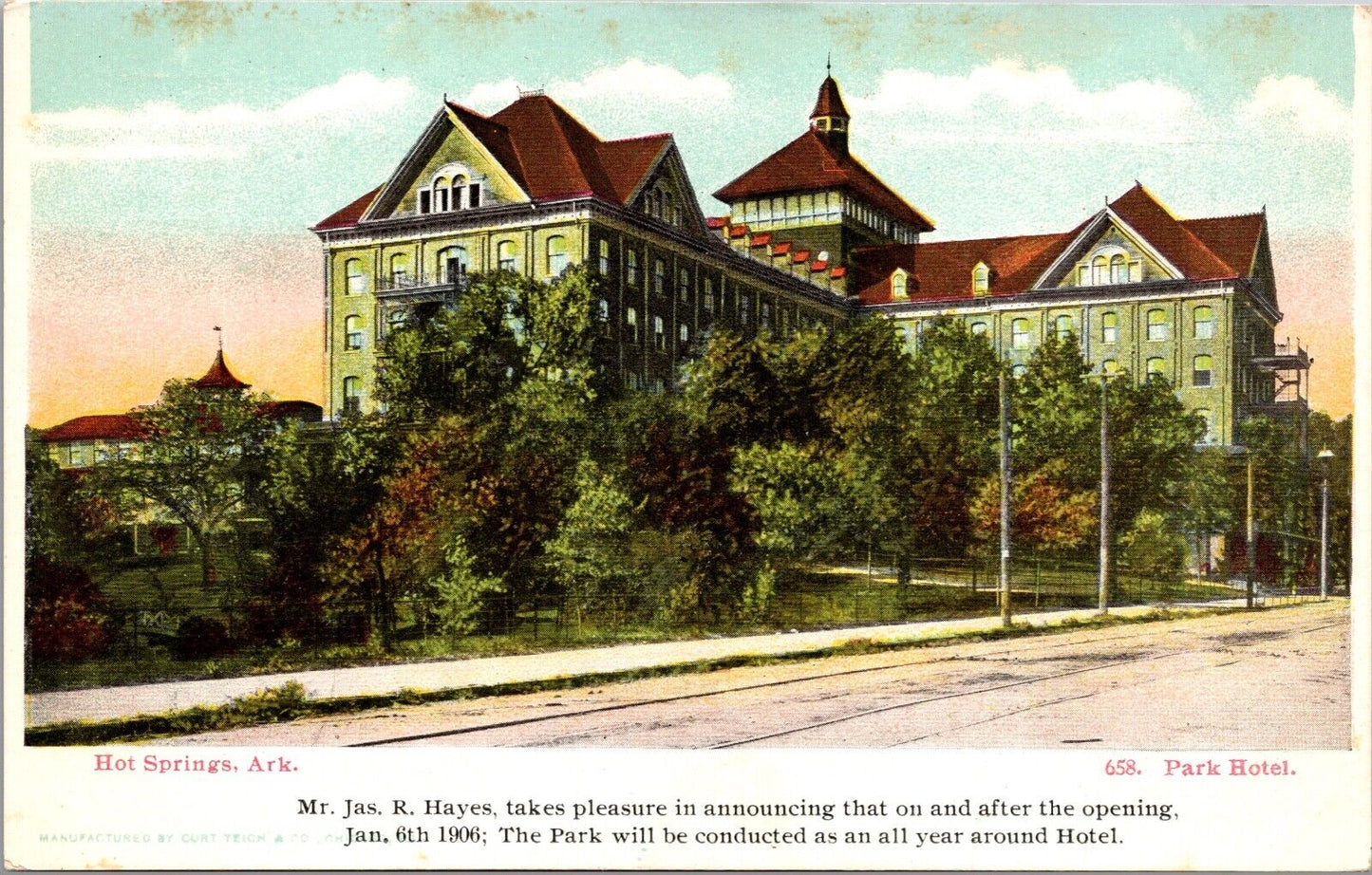 1906 Postcard Mr. Jas. R. Hayes Park Hotel in Hot Springs, Arkansas