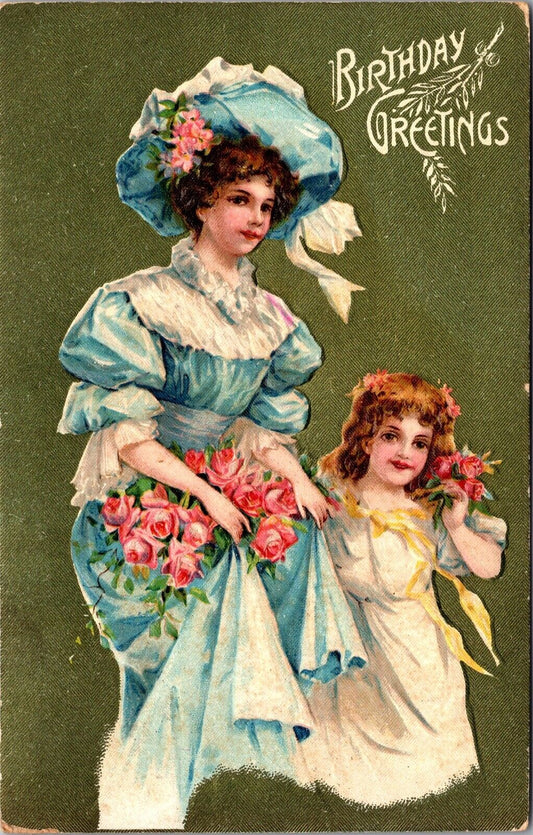 Birthday Greetings Postcard Well Dressed Young Woman and Young Girl Flowers