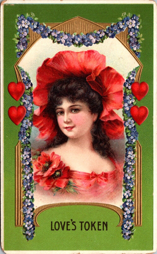 Valentine's Day Postcard Young Woman Red Flowered Hat and Dress Purple Flowers