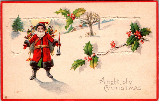 Christmas Postcard Santa Claus Walking with Toys Red and Green Suit