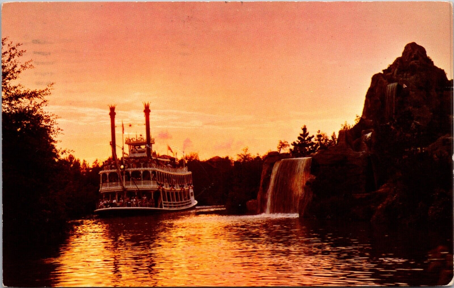 Disneyland Postcard Mark Twain Steamboat at Dusk Rivers of America Frontierland