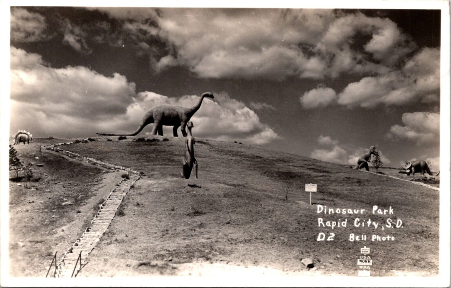 Real Photo Postcard View of Dinosaur Park in Rapid City, South Dakota