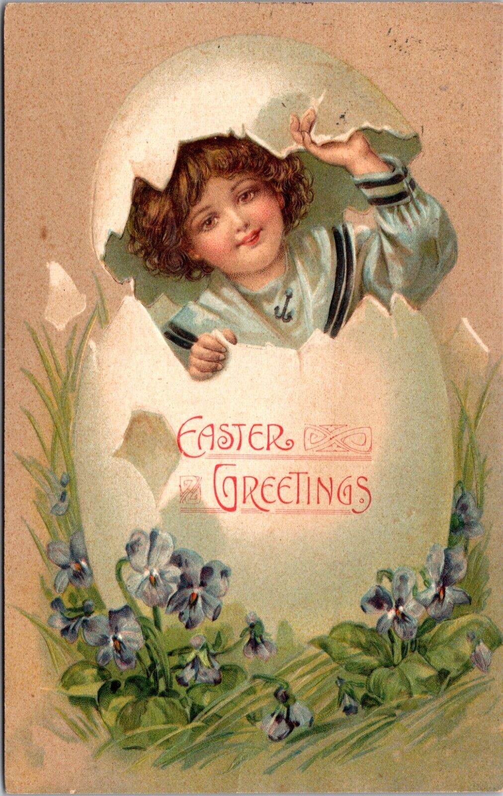 Easter Greetings Postcard Sailor Dressed Boy Breaking Out of Eggshell, Flowers