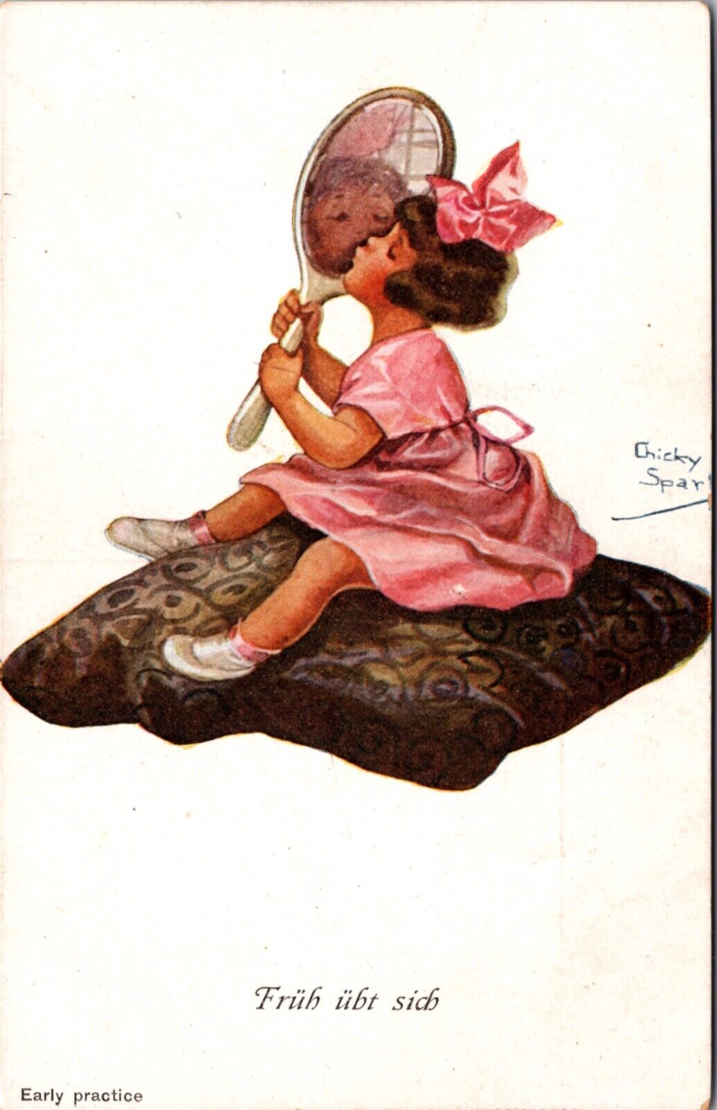 Chicky Spar Artist Postcard Little Girl Kissing a Hand Mirror, Early Practice