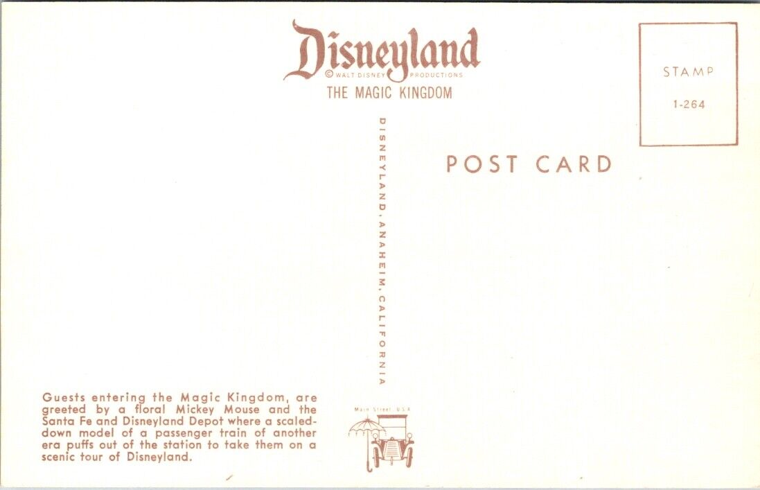 Disneyland Postcard Passenger Train Depot Floral Mickey Mouse Entrance Main St