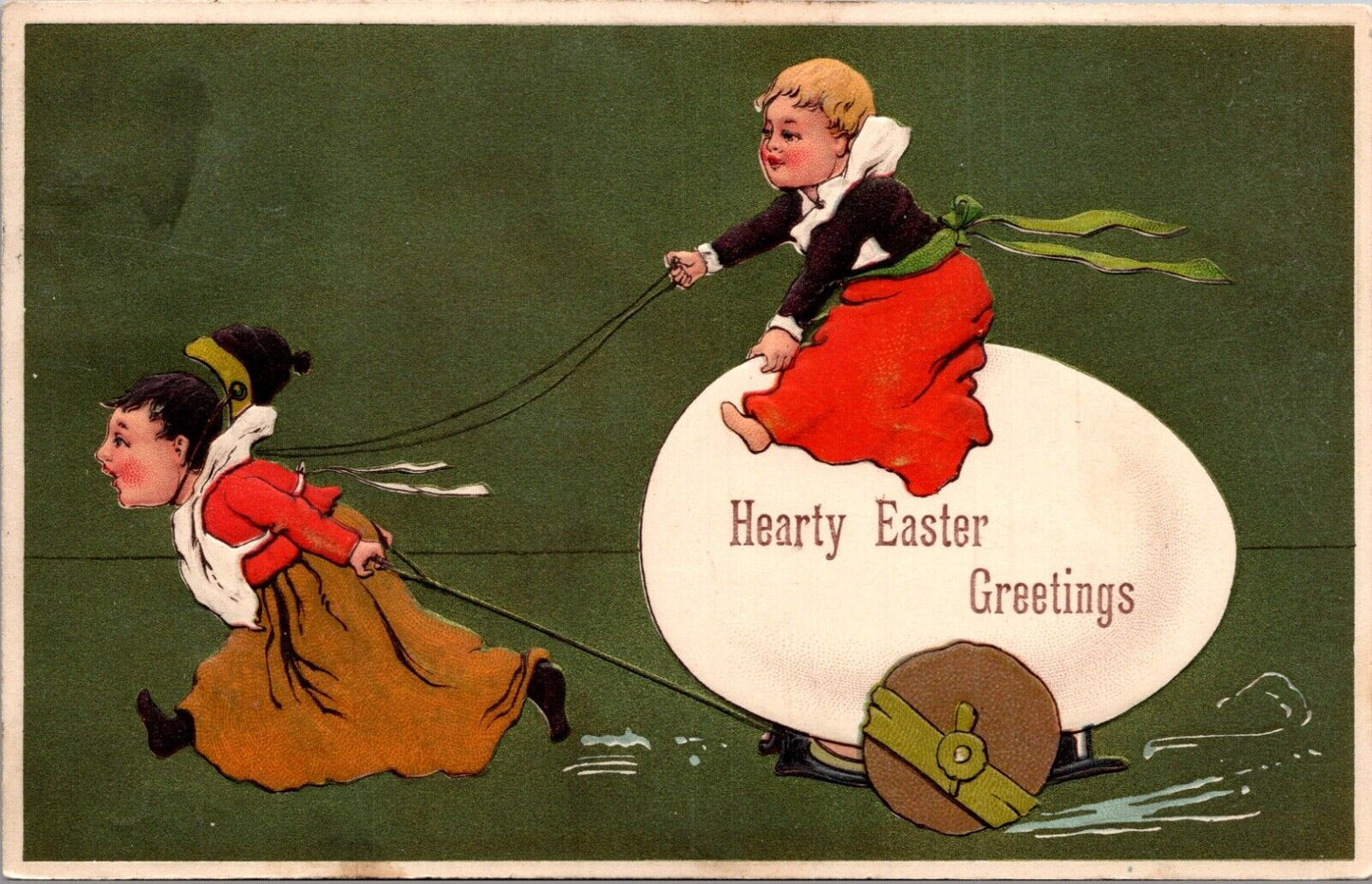 Easter Postcard Child Pulling Egg Cart with Child Riding on Egg