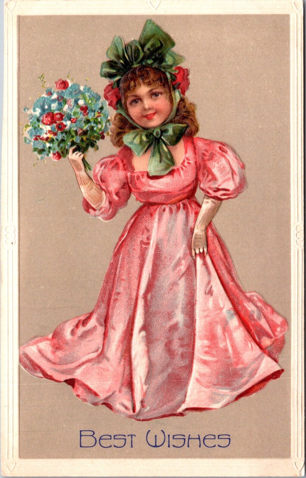 Best Wishes Postcard Young Girl Wearing Formal Pink Dress Holding Flower Bouquet