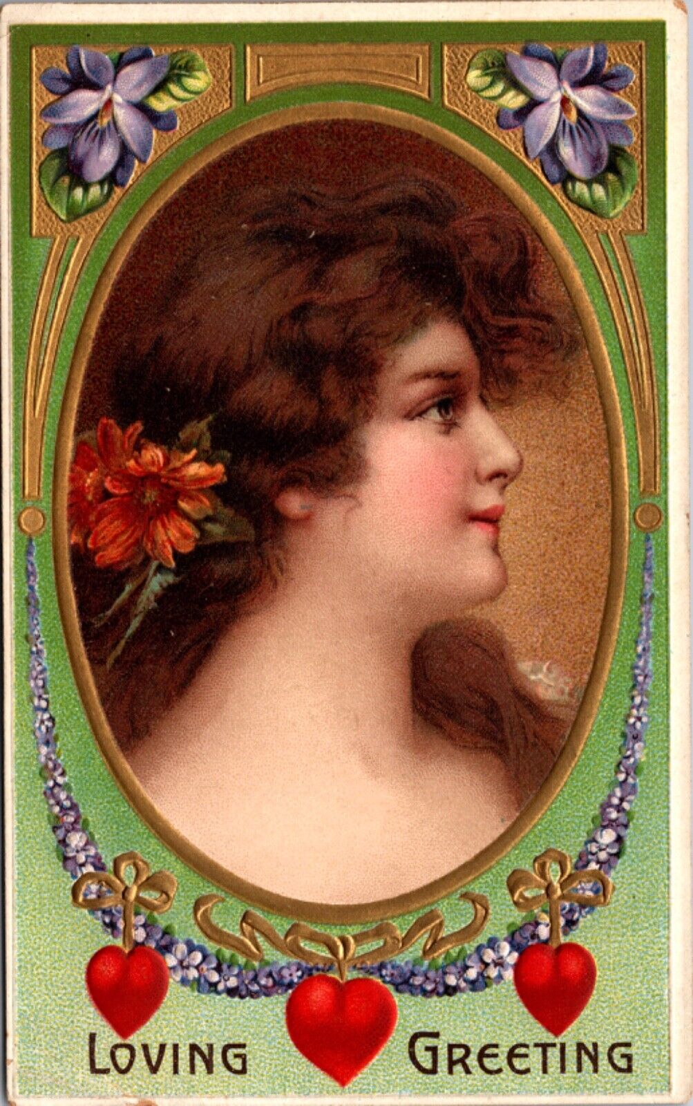 Valentine Postcard Portrait of Beautiful Woman Flowers Hearts Loving Greeting