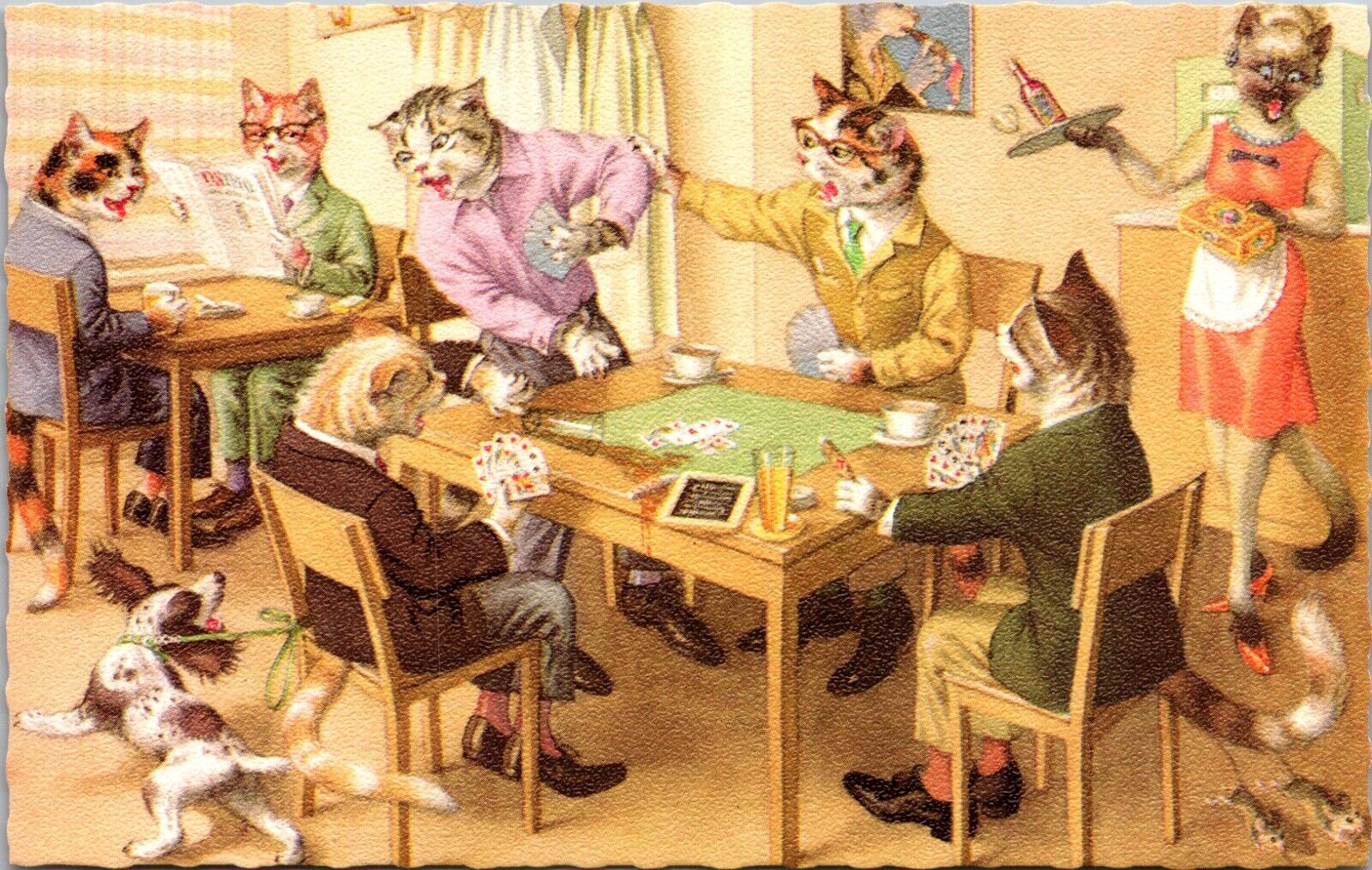 Alfred Mainzer Postcard Dressed Cats Playing Card Games Poker Fighting Dog Mouse