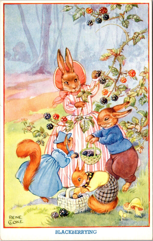 Rene Cloke Postcard Dressed Bunny Rabbits and Squirrels Picking Blackberries