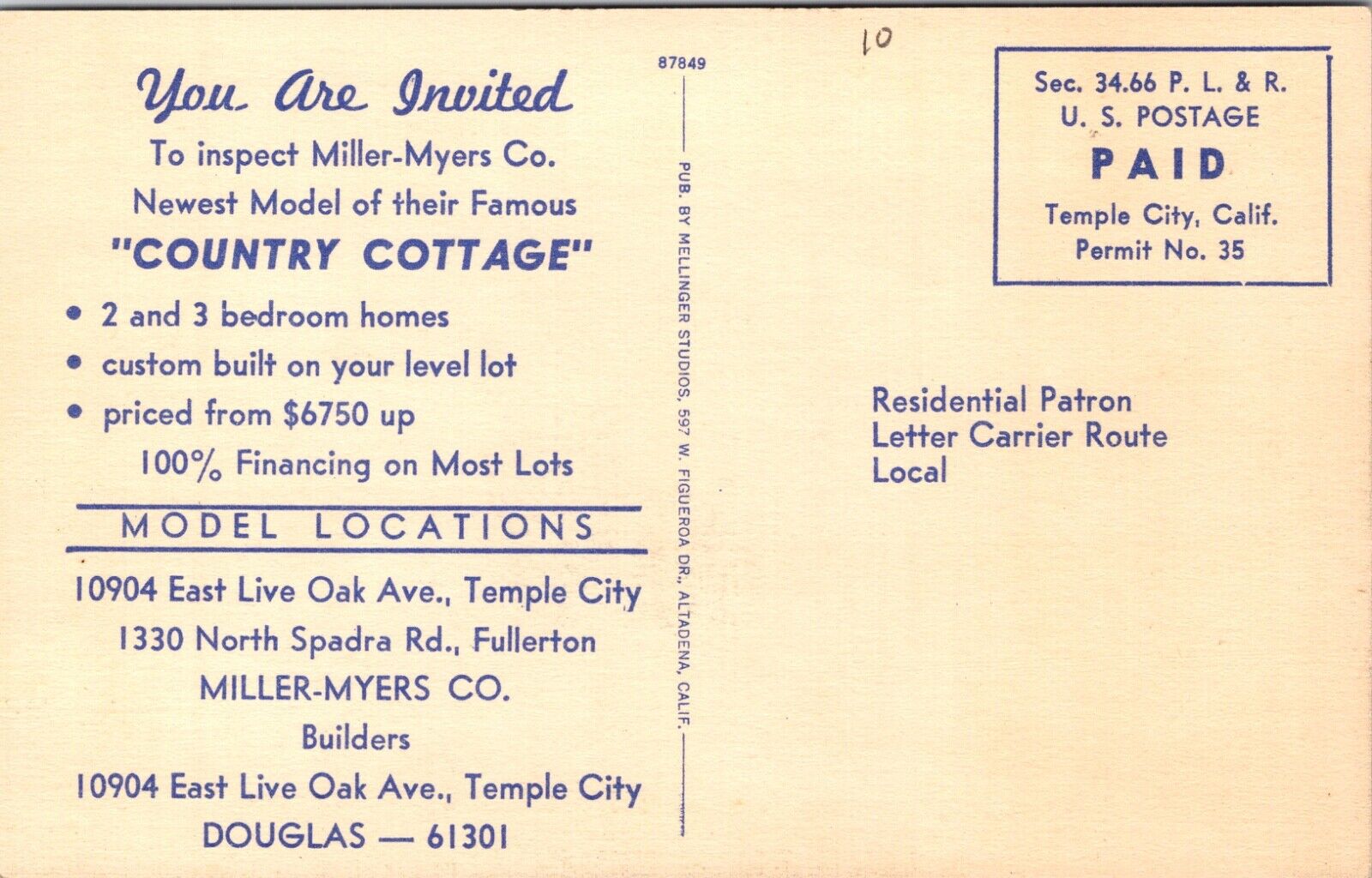 Advertising Miller-Myers Co Country Cottage Home Builders Temple City California