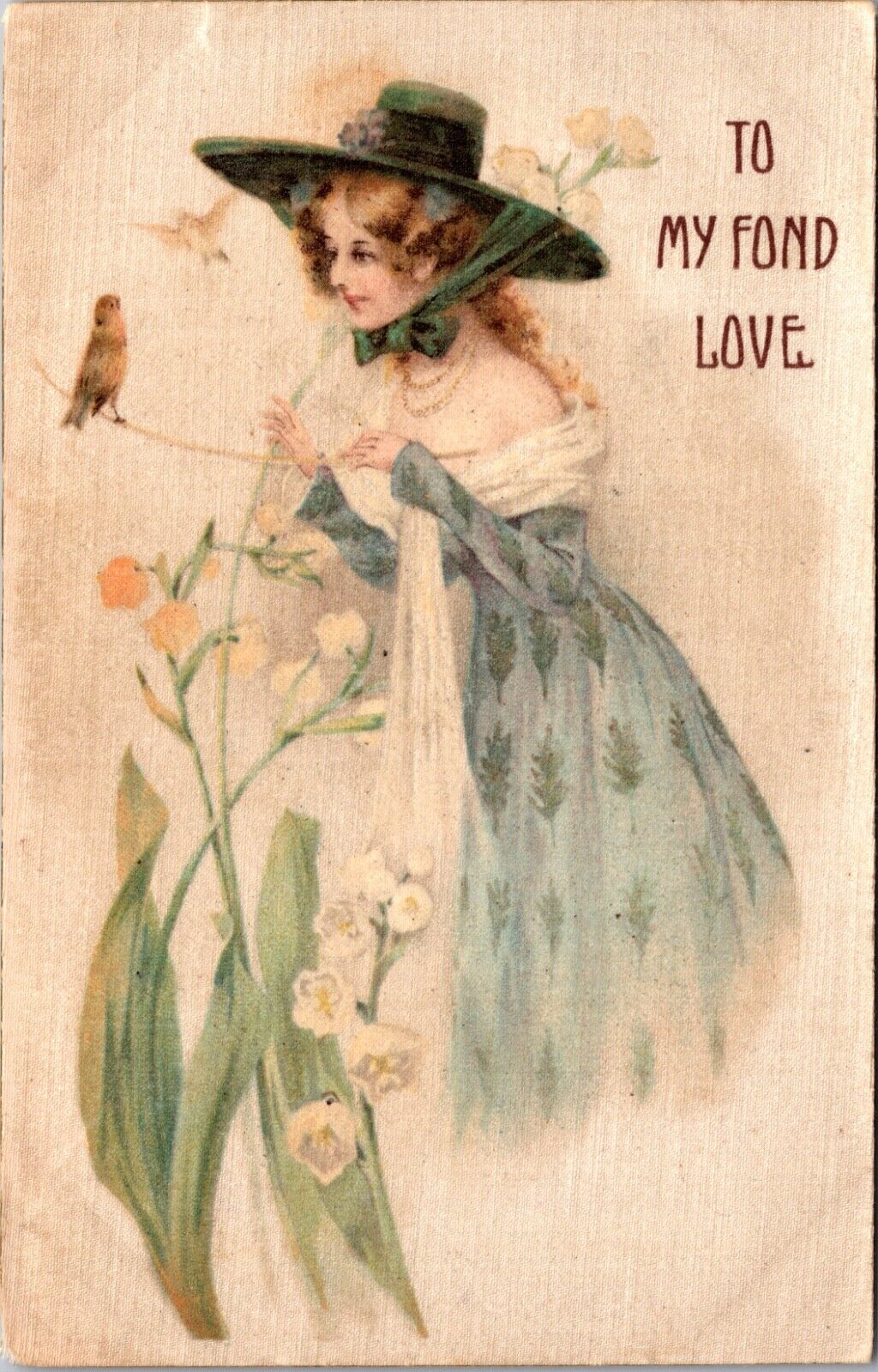 Silk Valentine Postcard Woman Wearing Hat Watching Bird on Flowers