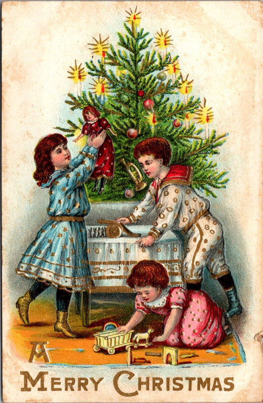 Christmas Postcard Children Playing with Toys, Dolls, Candlelit Tree