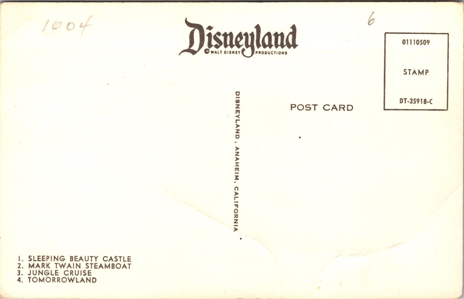 Disneyland Postcard Sleeping Beauty Castle Mark Twain Steamboat Jungle Cruise