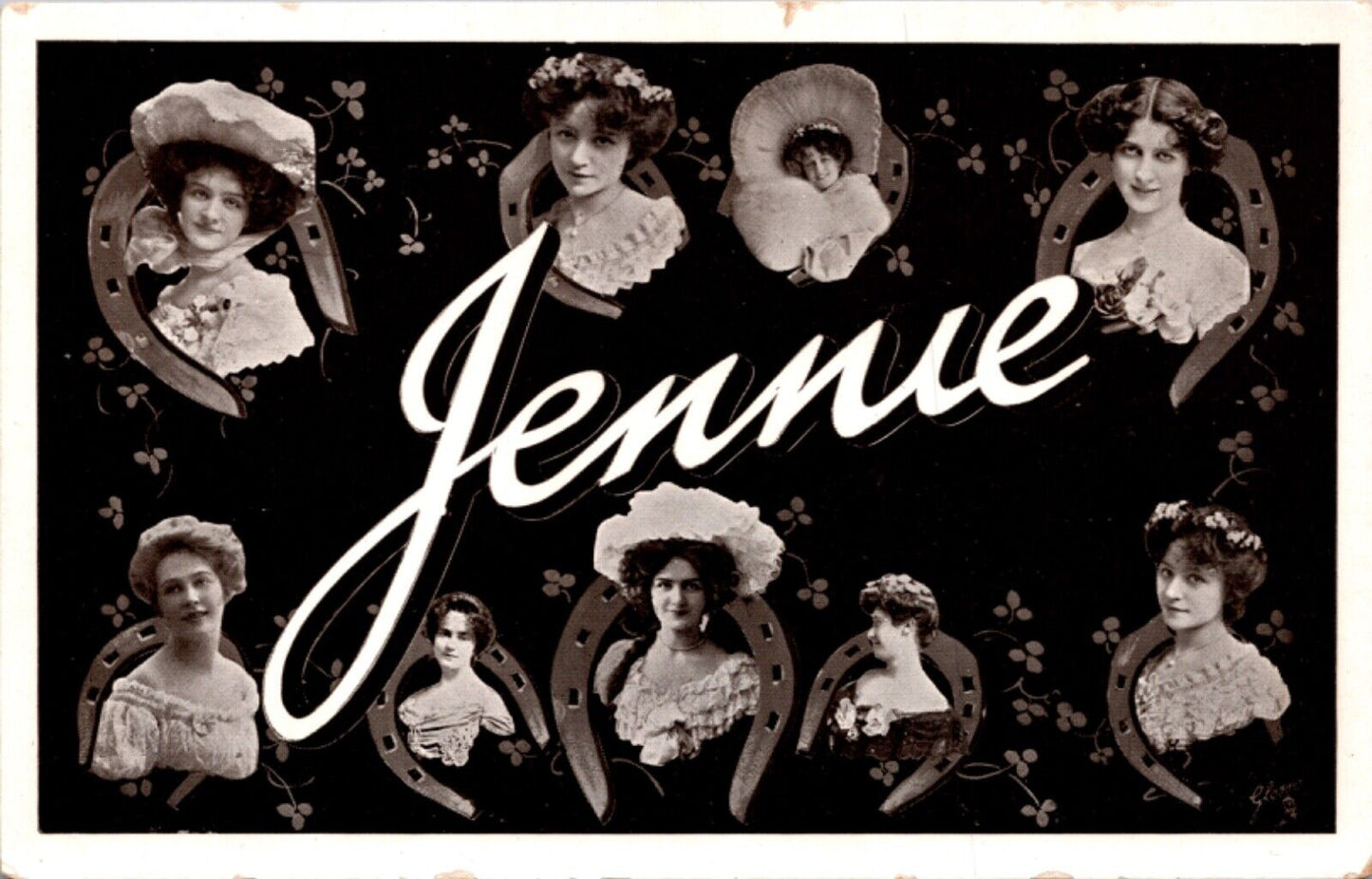 RPPC Large Letter Greetings of the Name Jennie Women's Faces inside Horseshoes