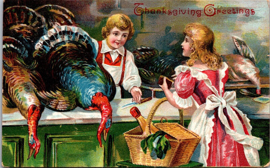 Thanksgiving Postcard Young Girl Buying Turkey From Boy Butcher