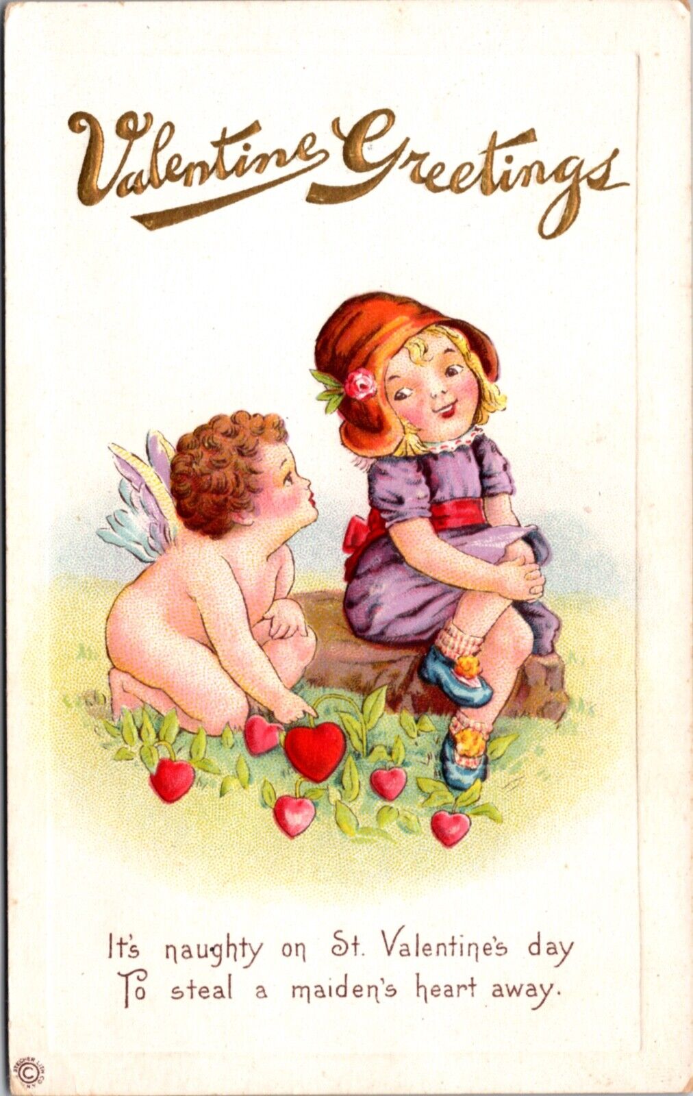 Valentine's Day PC Little Girl Watching Cherub Cupid Picking Hearts in Grass