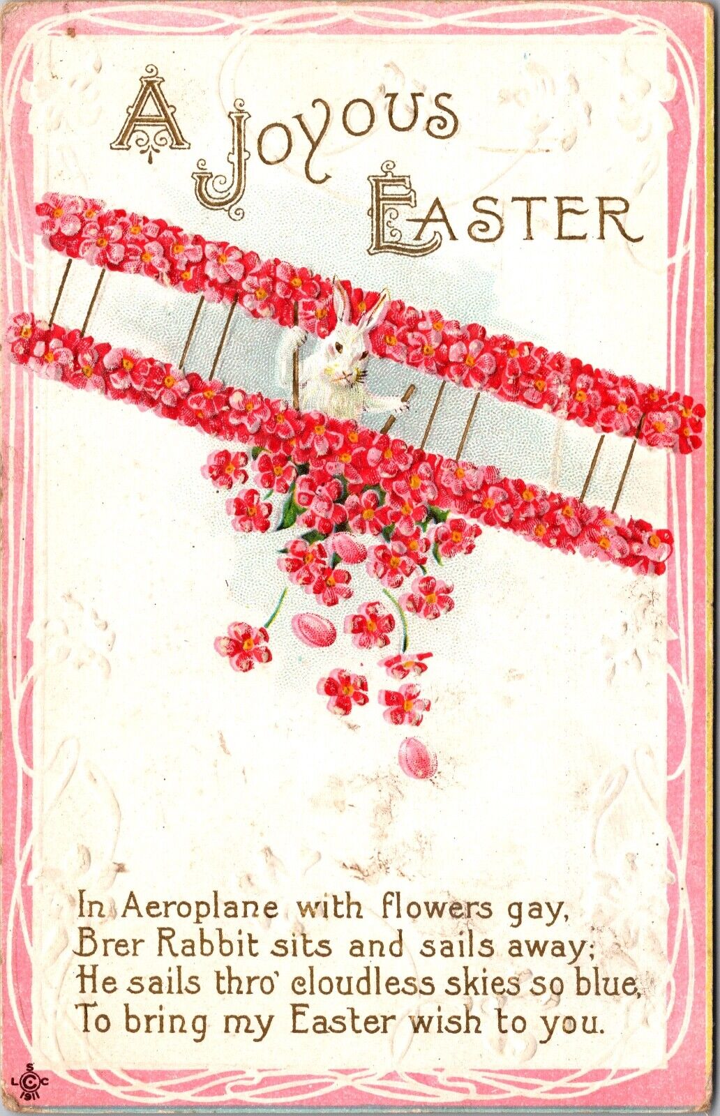 Easter Postcard White Bunny Rabbit Flying Biplane Airplane