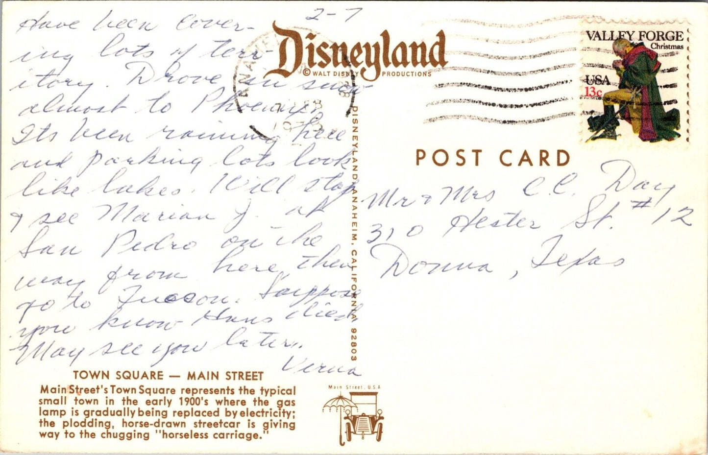 Disneyland Postcard Town Square Main Street Horseless Carriage~4220