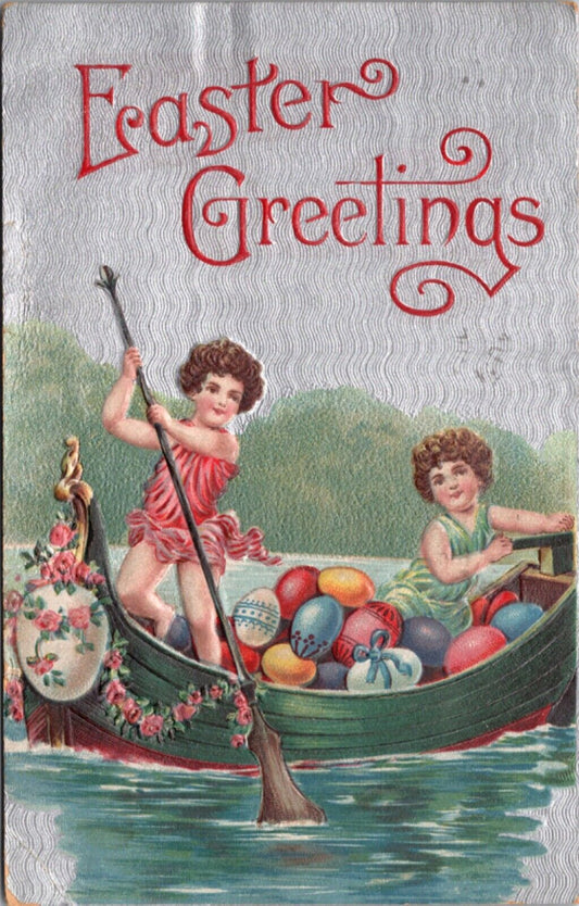 Easter Greetings Postcard Children Rowing Boat Full of Colored Eggs