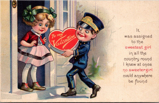 Valentine Postcard Loves Messenger Delivering Box of Chocolates to Girl