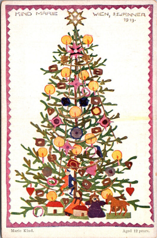 Christmas artwork Postcard Marie Kind Aged 12 Years Decorated Tree 1919