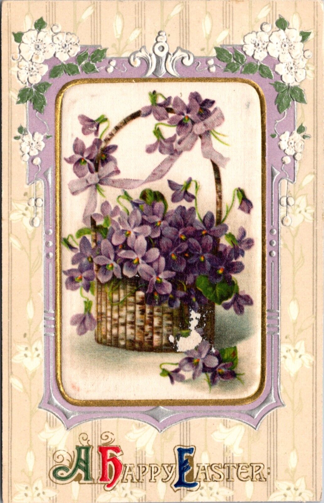 Silk Easter Postcard Basket of Purple Flowers