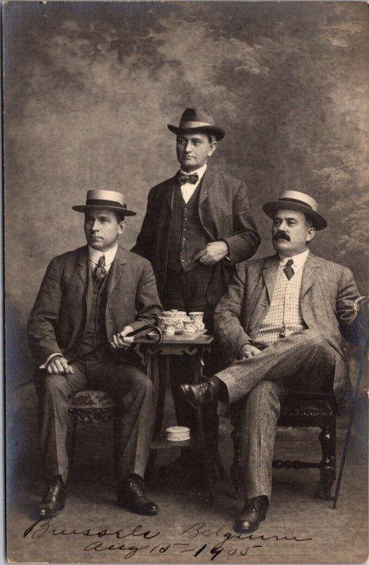 1905 Real Photo Postcard Three Well Dressed Men Photo Studio Brussels Belgium