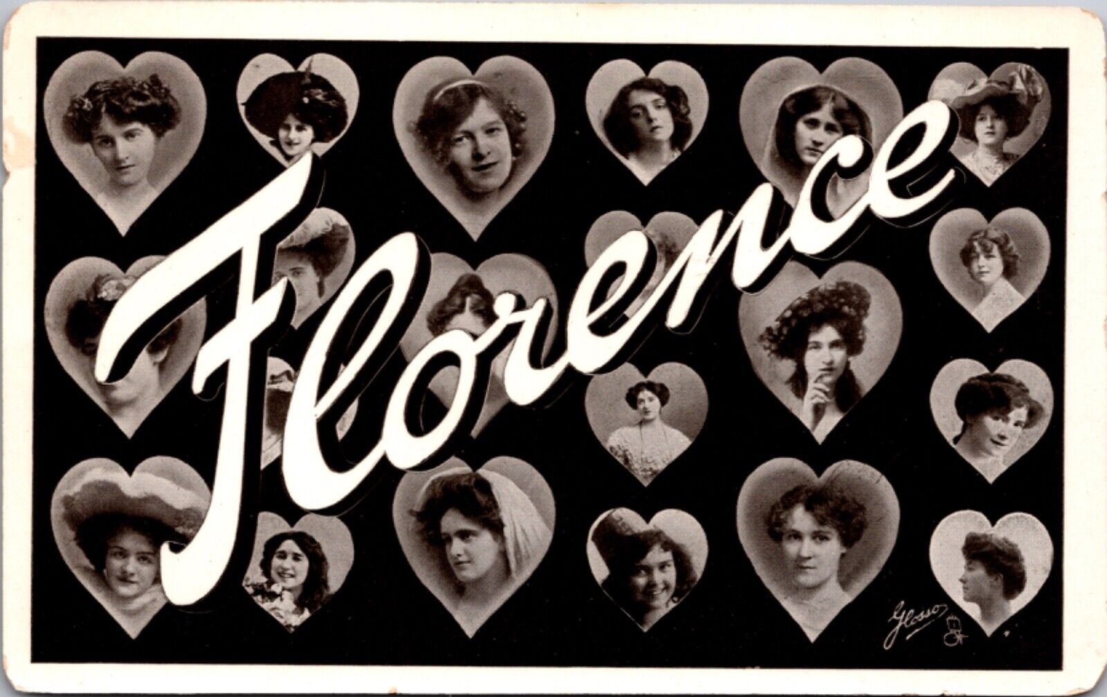 RPPC Large Letter Greetings of the Name Florence Women's Faces Inside Hearts