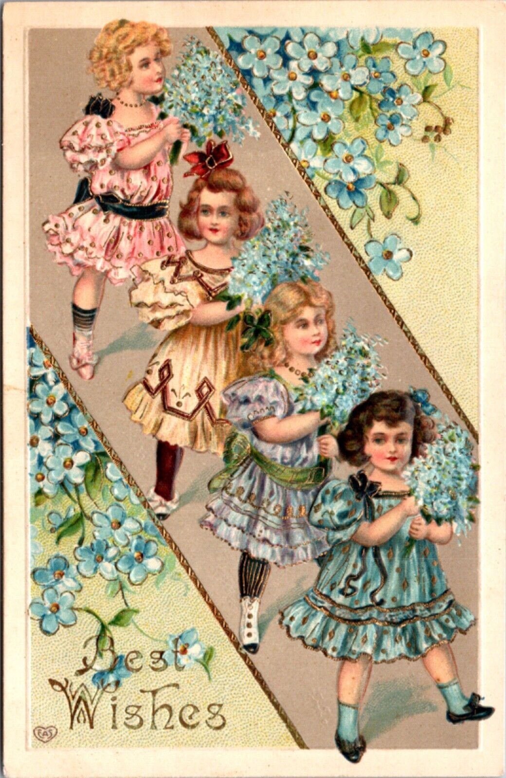 Best Wishes Postcard Four Little Girls Carrying Blue Flowers