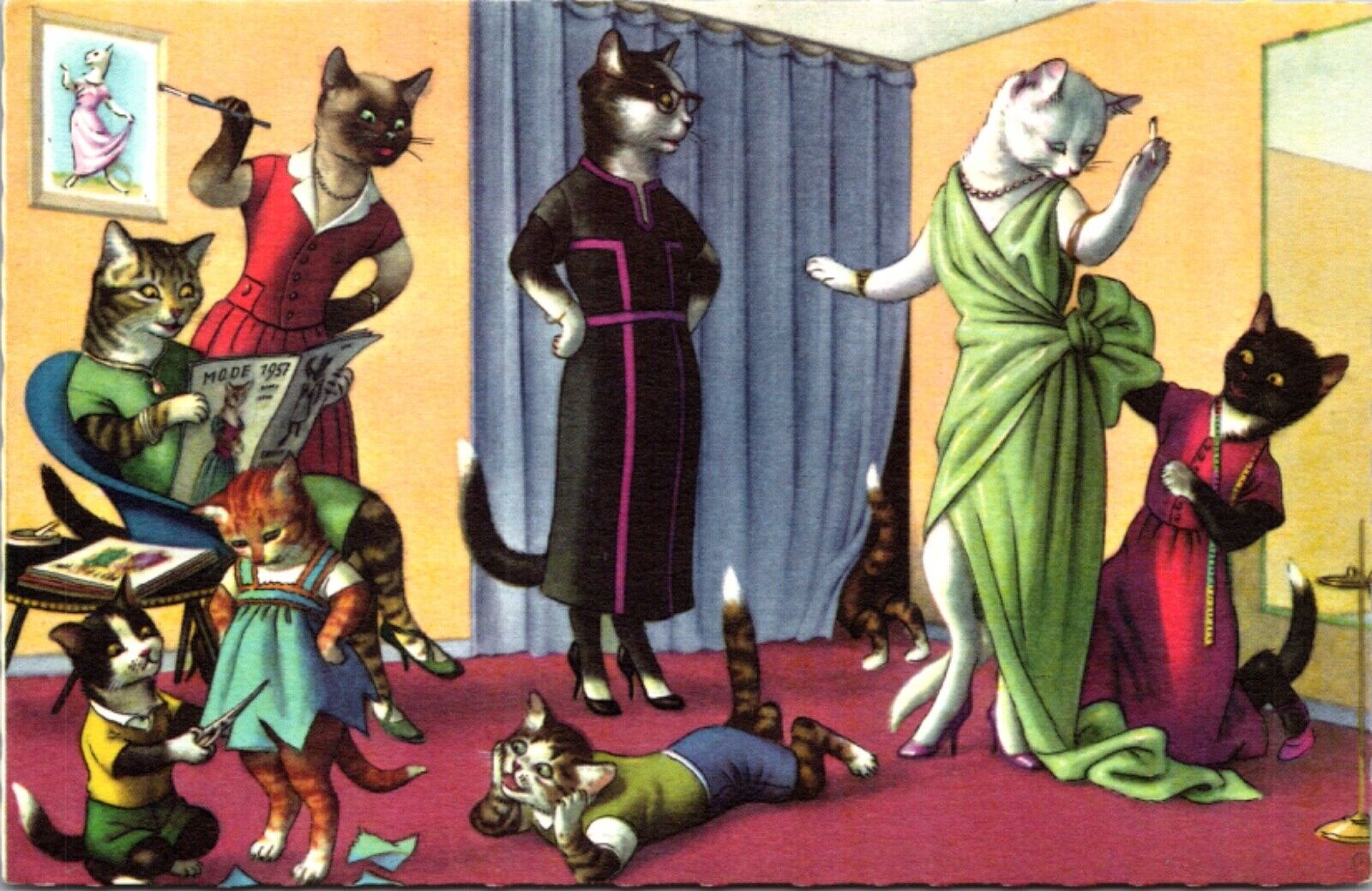 Alfred Mainzer Postcard Dressed Cats at Seamstress Tailor Fitting