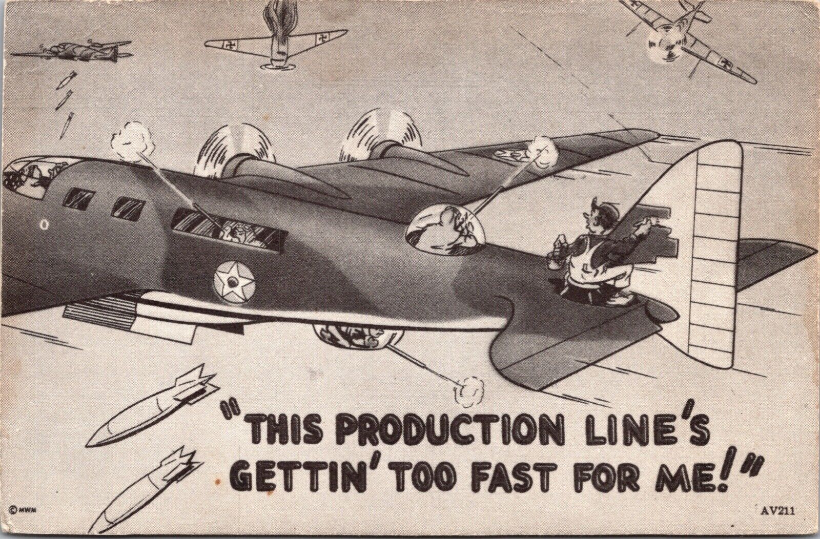 Comic Artwork Postcard This Production Line's Gettin' Too Fast For Me WW2