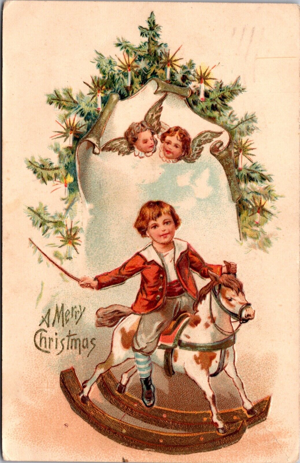 Christmas Postcard Boy Riding Hobby Horse Angel Head with Wings Candlelit Tree