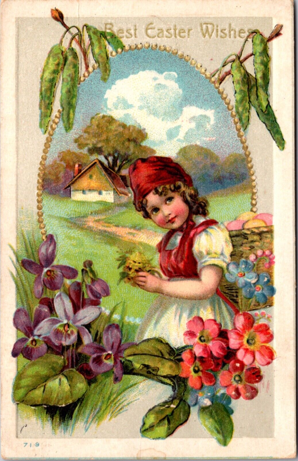 Easter Wishes Postcard Young Girl in Field Carrying Basket of Colored Eggs