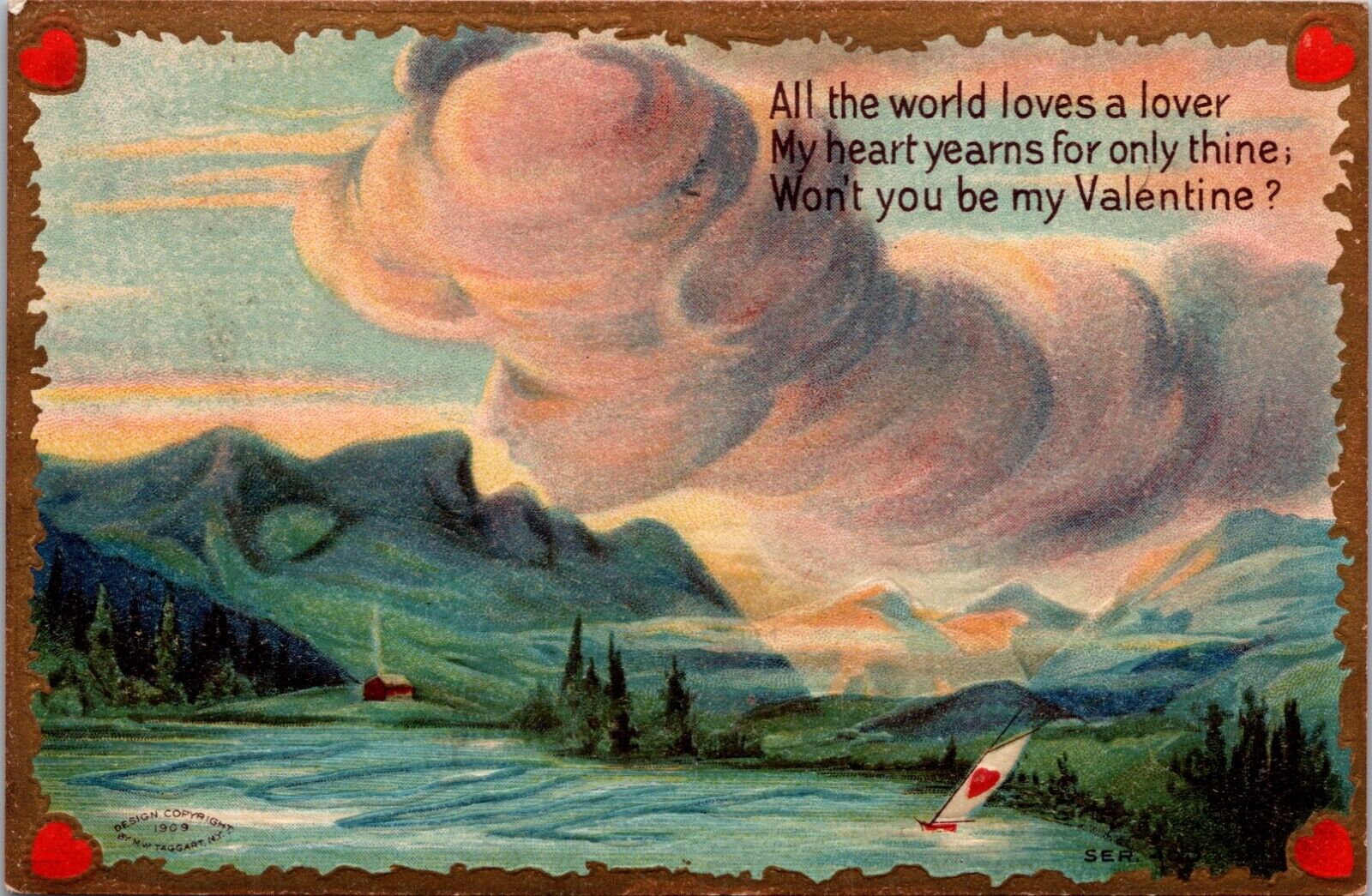 Valentine Postcard Heart Yearns For Thine Heart Sailboat Landscape Scene