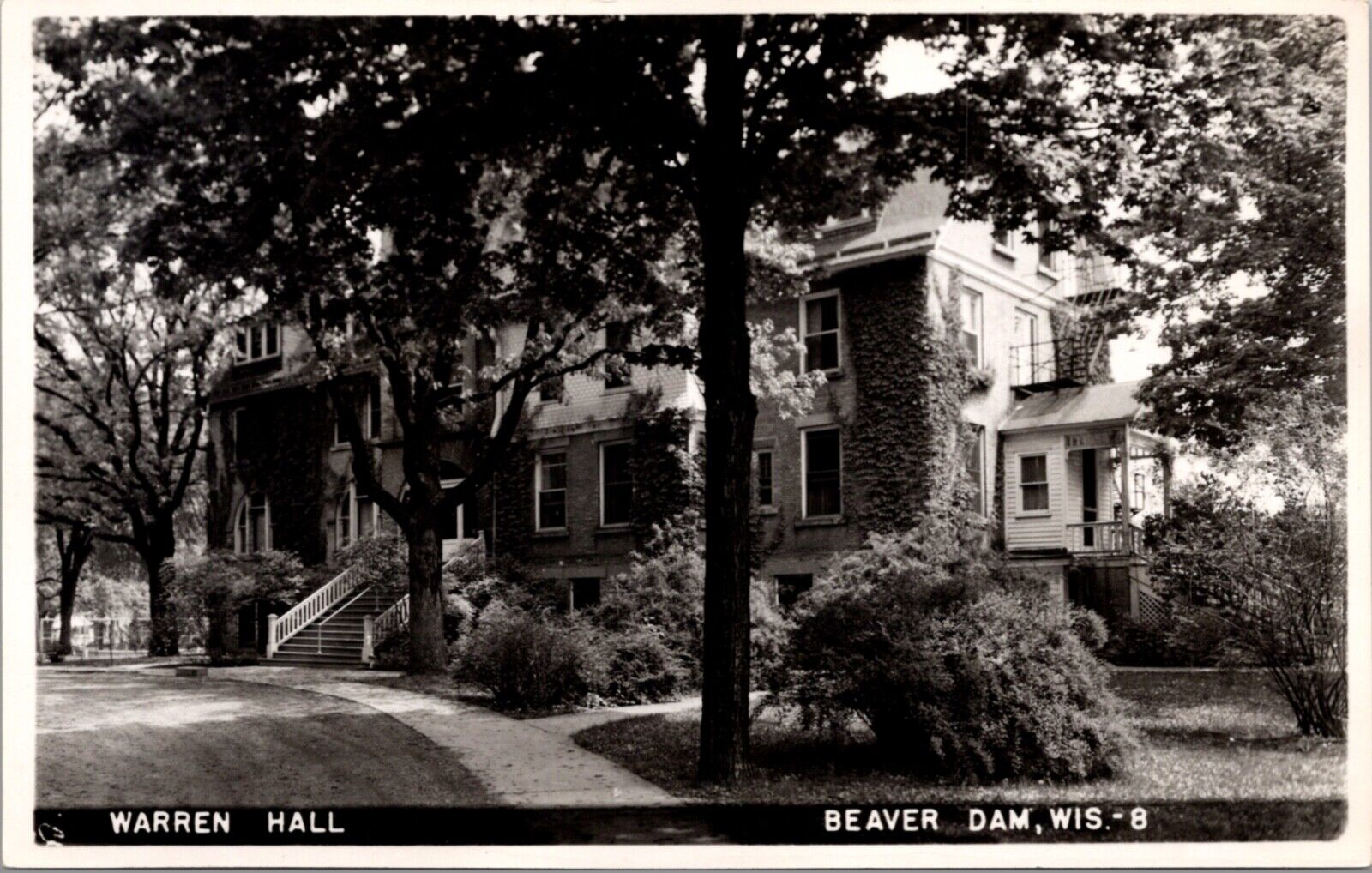 Real Photo Postcard Warren Hall at Wayland Academy in Beaver Dam, Wisconsin