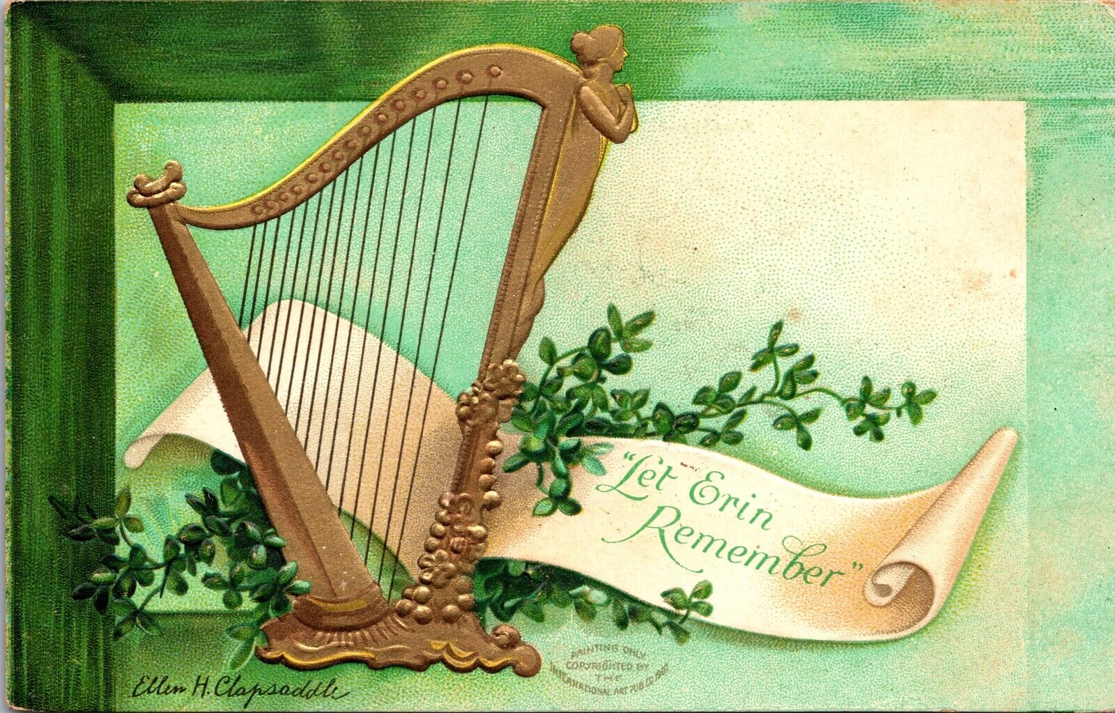 Clapsaddle St. Patrick's Day Postcard Celtic Harp Shamrocks Let Erin Remember