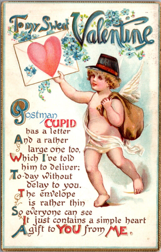 Valentine Postcard Postman Cupid Delivering Heart Sealed Envelope Flowers