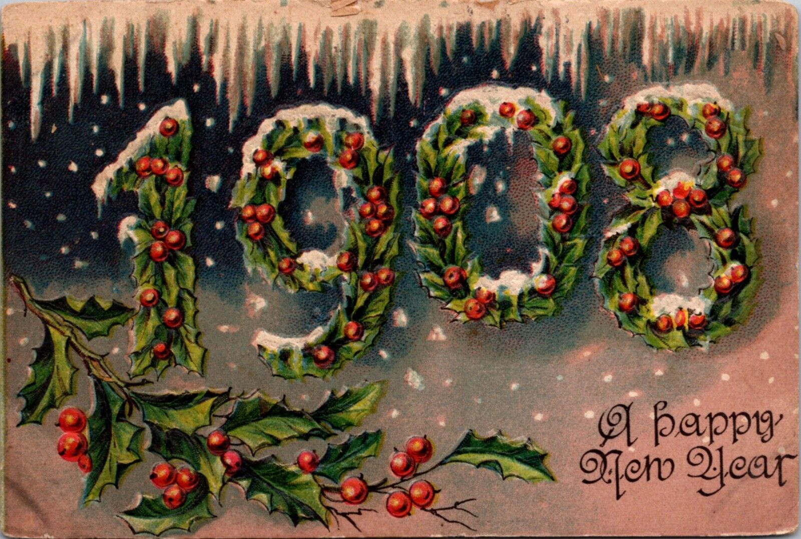 A Happy New Year Postcard Large Letter 1908 Holly and Icicles