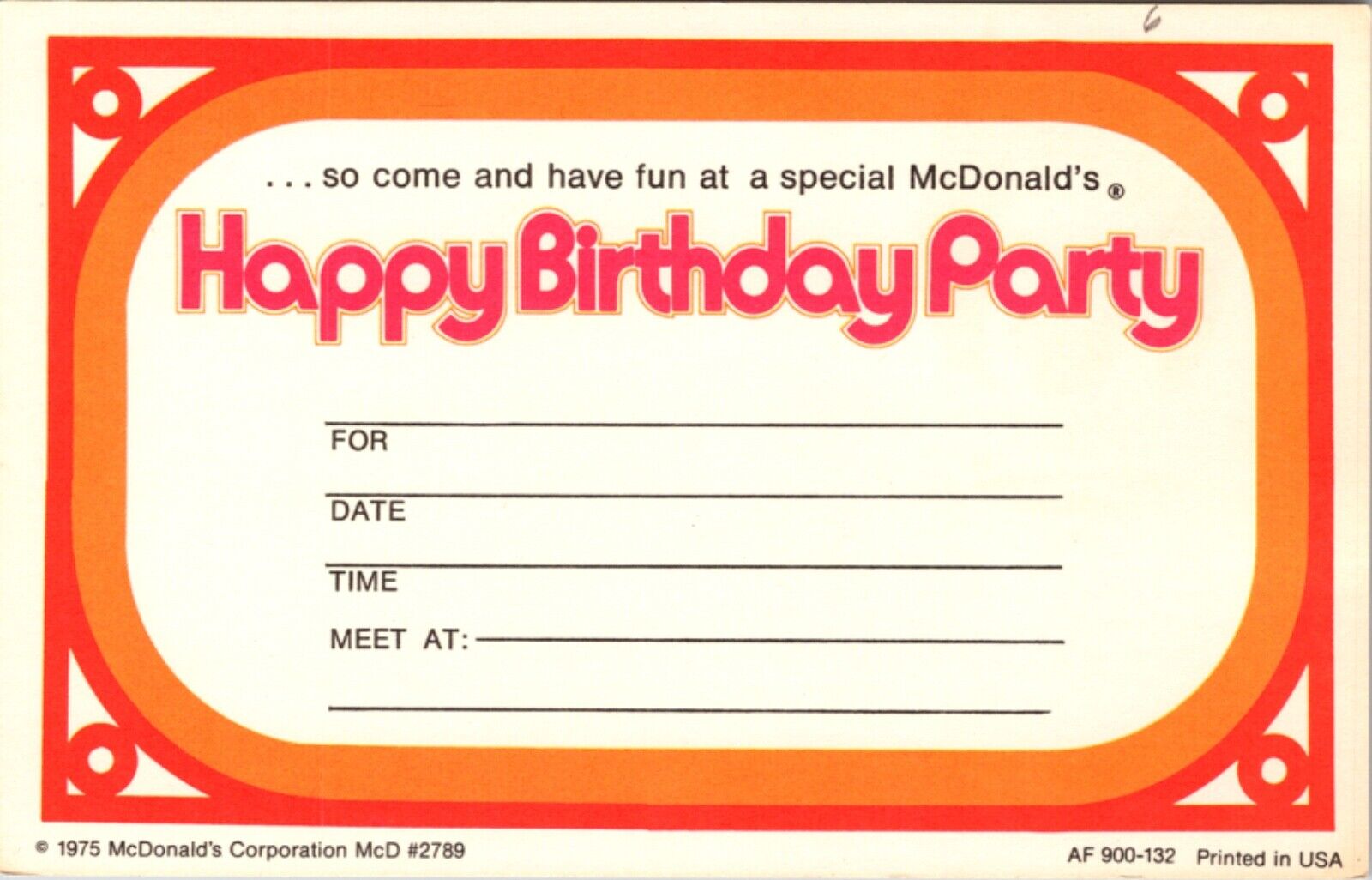 1975 Ronald McDonald's Birthday Party Invitation Postcard