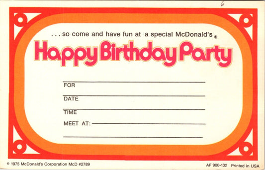 1975 Ronald McDonald's Birthday Party Invitation Postcard